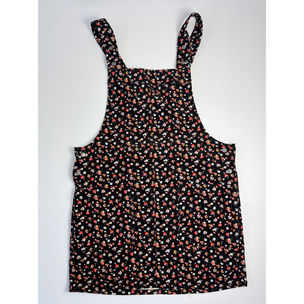 Xhilaration Black Floral Corduroy Overall Dress Pinafore Pockets Small